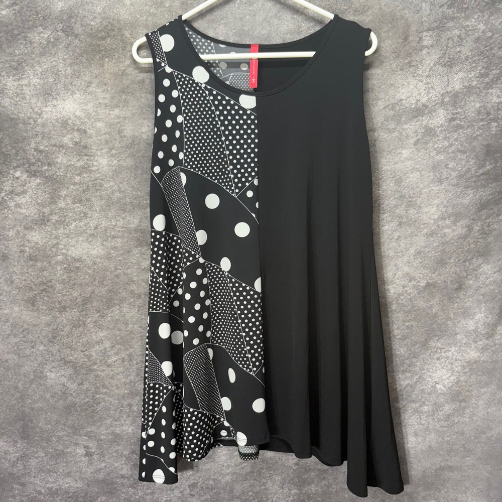 IC Collection Black White Polka Dot Sleeveless Tunic Tank Top Womens L Artsy